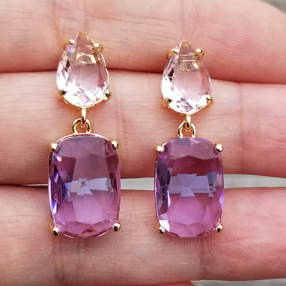 14k Gold Purple Alexandrite & Pink Tourmaline Stud Earrings, Alexandrite Dangle - Picture 3 of 7